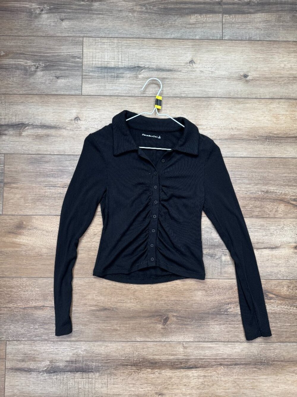 Abercrombie Ruched Collared Black Long Sleeve Top Size S